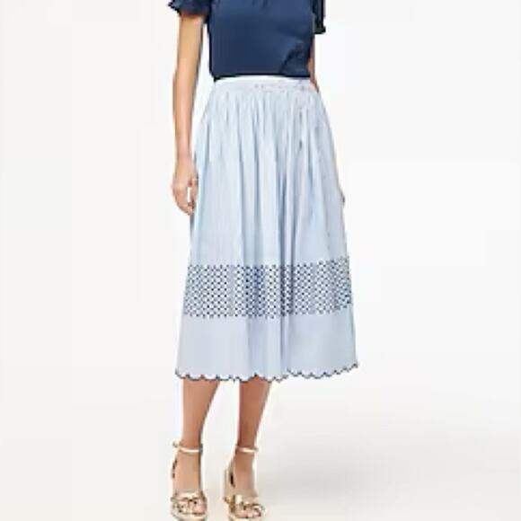 J. Crew Factory Banker Stripe Blue Embroidered midi skirt - Picture 1 of 12